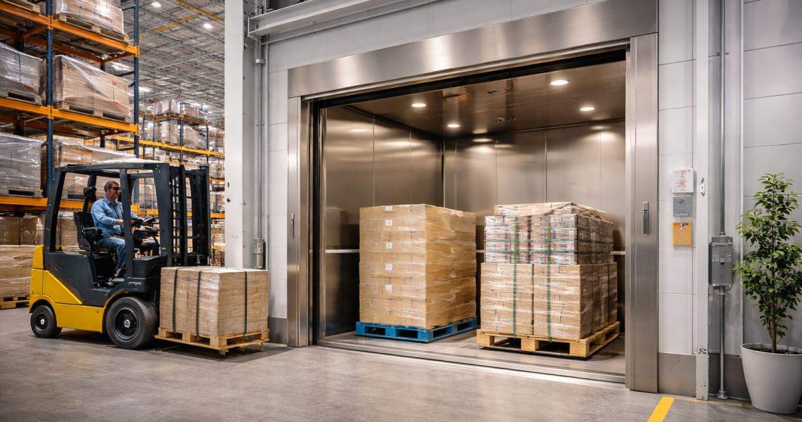 Elevador montacargas industrial en nave logística transportando pallets entre niveles con estructura metálica robusta
