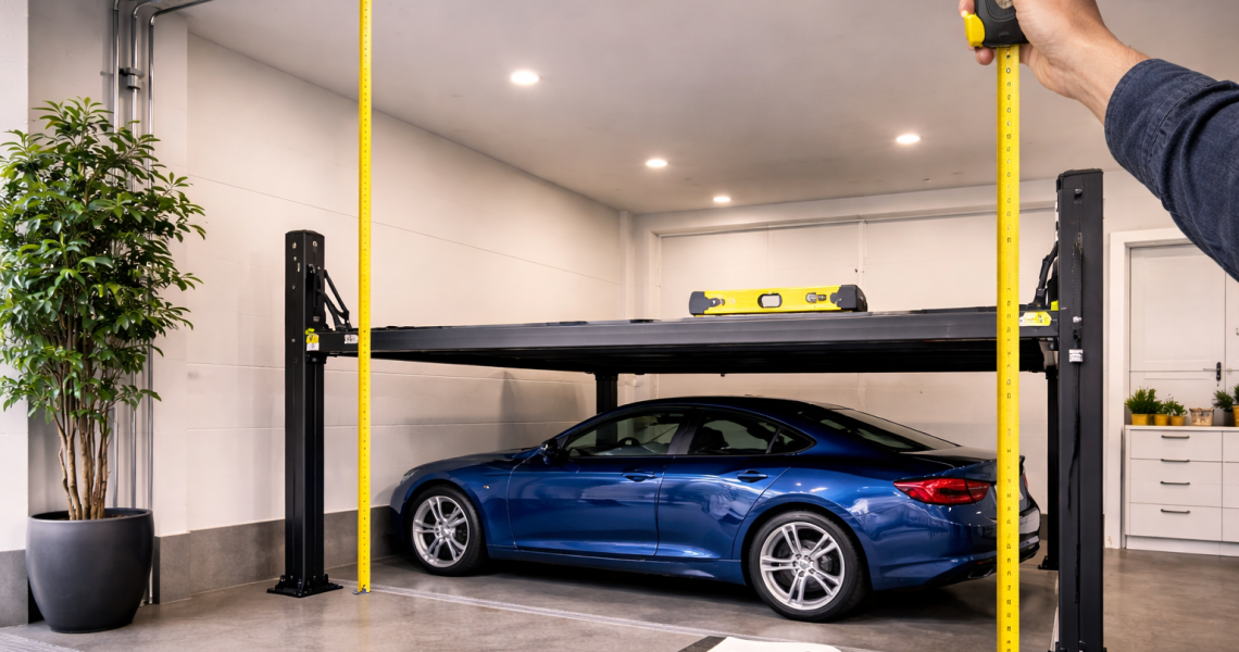 Elevador de autos residencial con cinta métrica y nivel midiendo altura libre en cochera moderna iluminada
