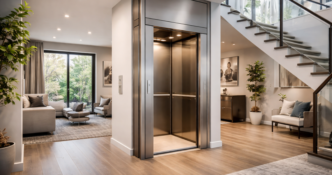 Elevador residencial en vivienda de dos pisos con cabina moderna integrada en casa contemporánea