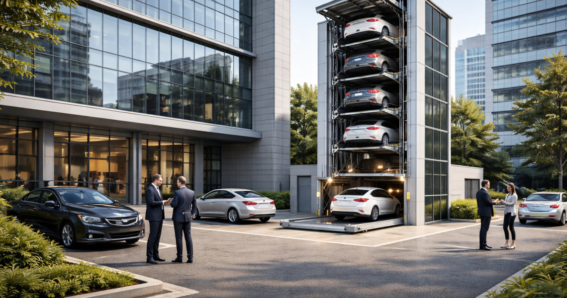 Estacionamiento mecánico en edificio corporativo con torre vertical y vehículos apilados en entorno empresarial moderno