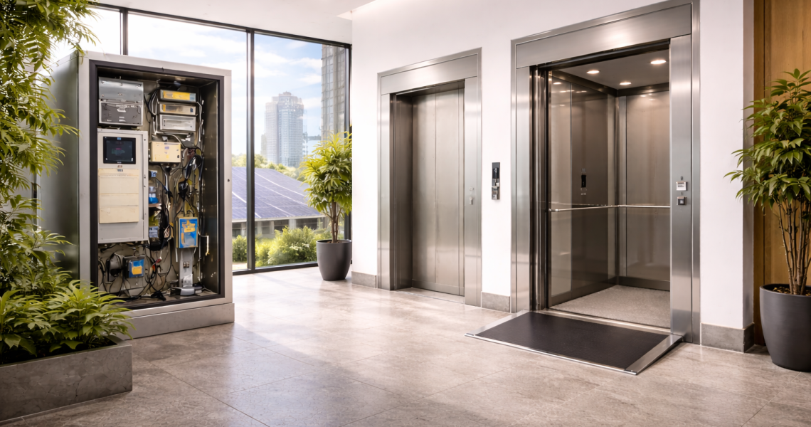 elevadores regenerativos de bajo consumo para edificios comerciales con sistemas eléctricos visibles y entorno moderno