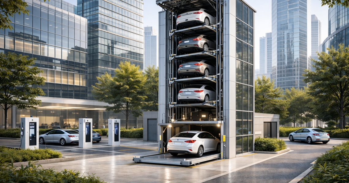 Sistema robótico de estacionamiento para smart cities con torre automatizada y entorno urbano futurista