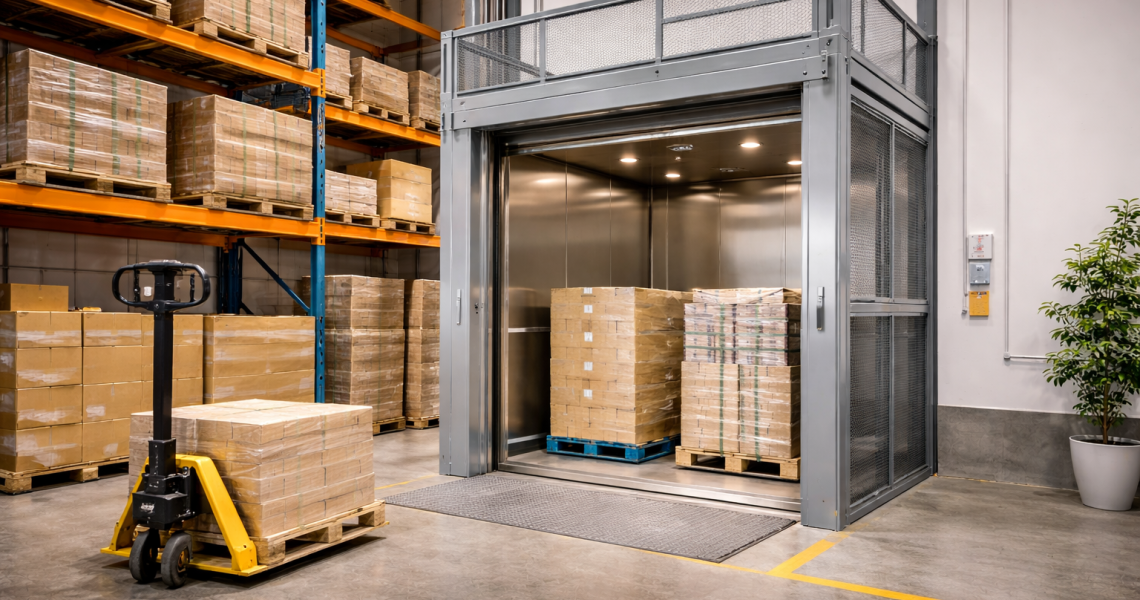 Montacargas industriales para bodegas pequeñas y medianas elevando pallets en almacén compacto con estanterías