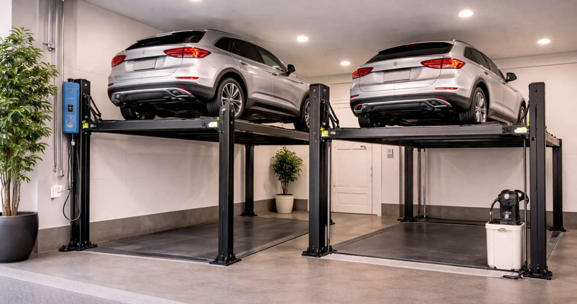 Elevador residencial eléctrico y hidráulico en vivienda moderna mostrando dos sistemas instalados en garaje doméstico