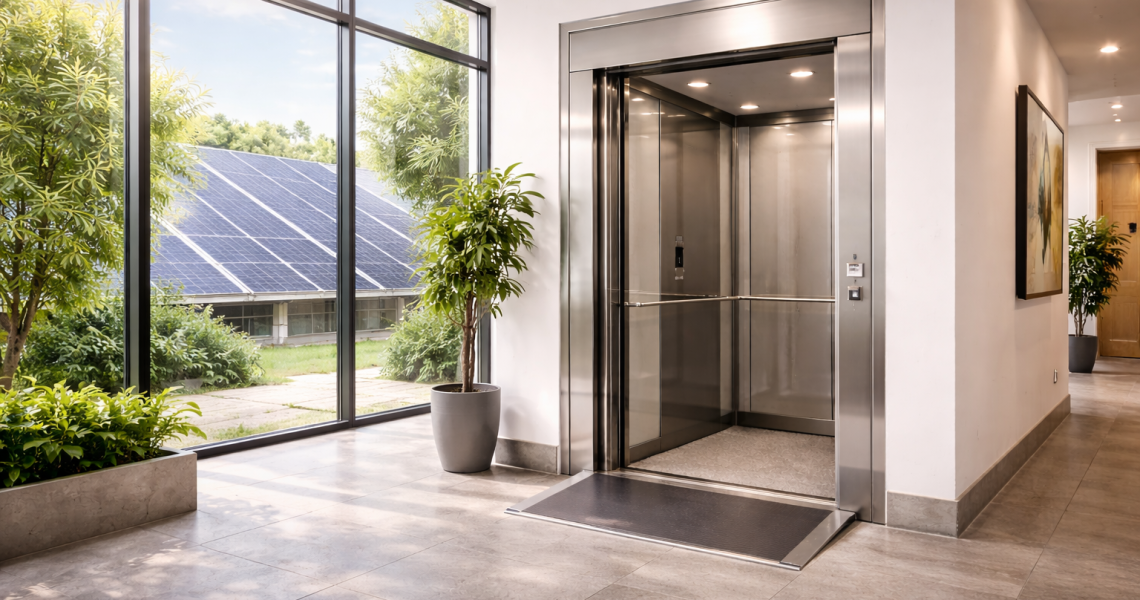 Elevador ecológico moderno en edificio sostenible con iluminación natural y paneles solares visibles en entorno corporativo