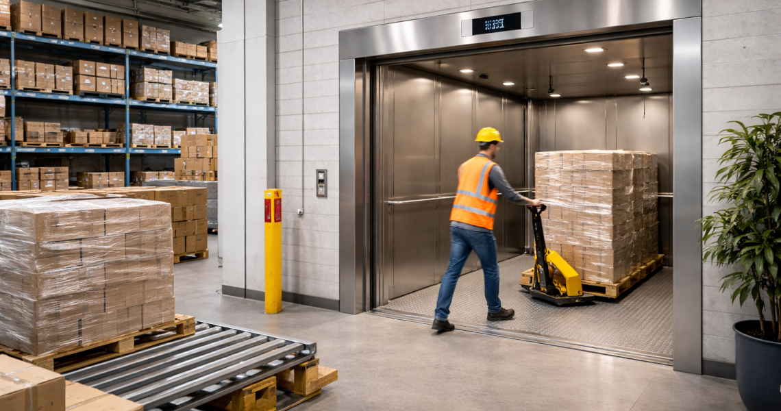 Montacargas industriales para centros comerciales y bodegas operando en área de carga con pallets y mercancía