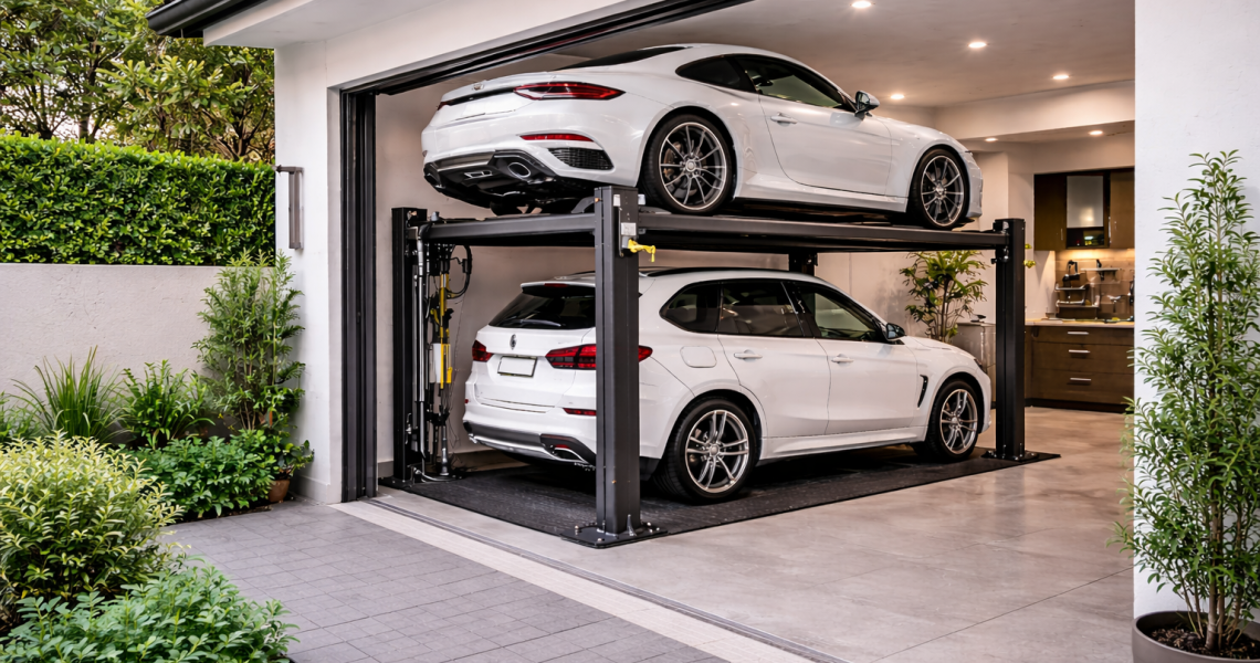 Parking lift residencial para casas con terrenos reducidos instalado en garaje compacto con dos autos en vertical