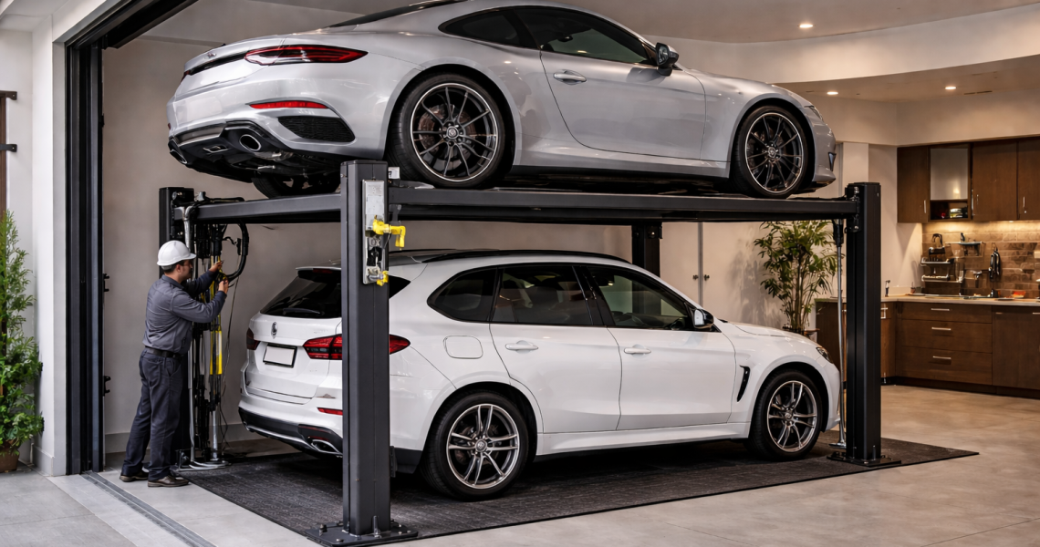 Elevador para autos en casa con requisitos estructurales instalado en garaje residencial moderno con plataforma hidráulica