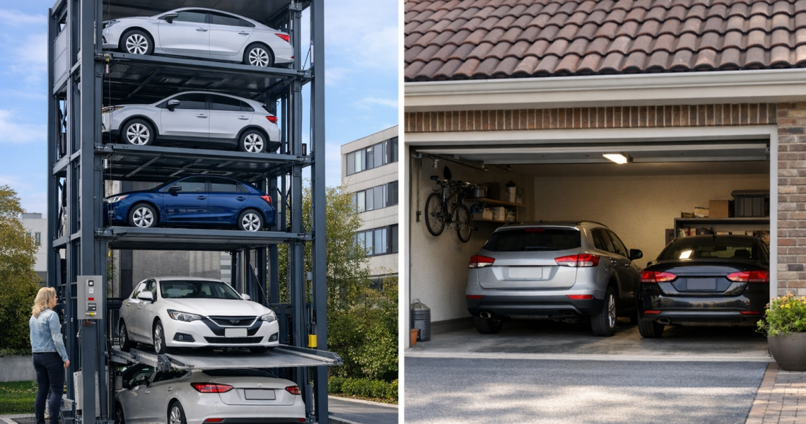 Sistema de estacionamiento vertical residencial instalado en vivienda comparado con cochera tradicional para dos vehículos