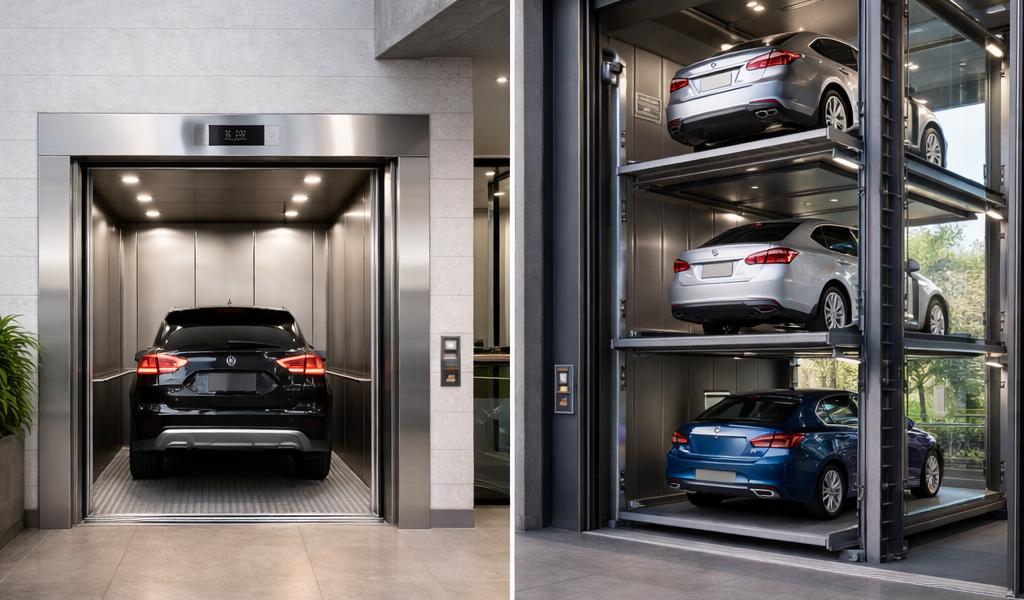 Comparativa elevadores residenciales para autos y parking vertical en edificio habitacional moderno
