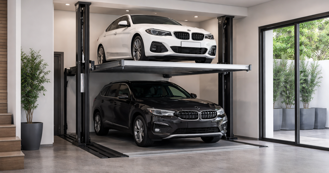 Elevador para autos residencial según espacio de vivienda instalado en garaje moderno de casa unifamiliar