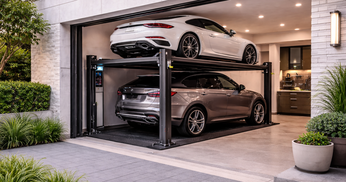 Parking lift integrado en viviendas unifamiliares modernas dentro de garaje arquitectónico con dos autos en plataformas