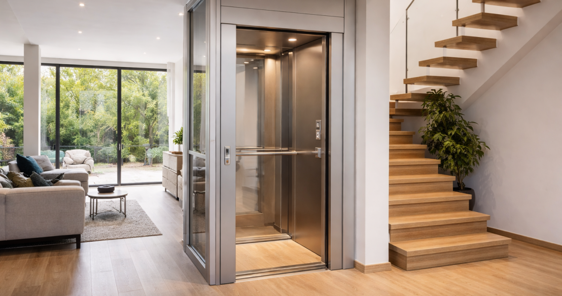 Elevador residencial sin modificaciones estructurales instalado en vivienda moderna de varios niveles