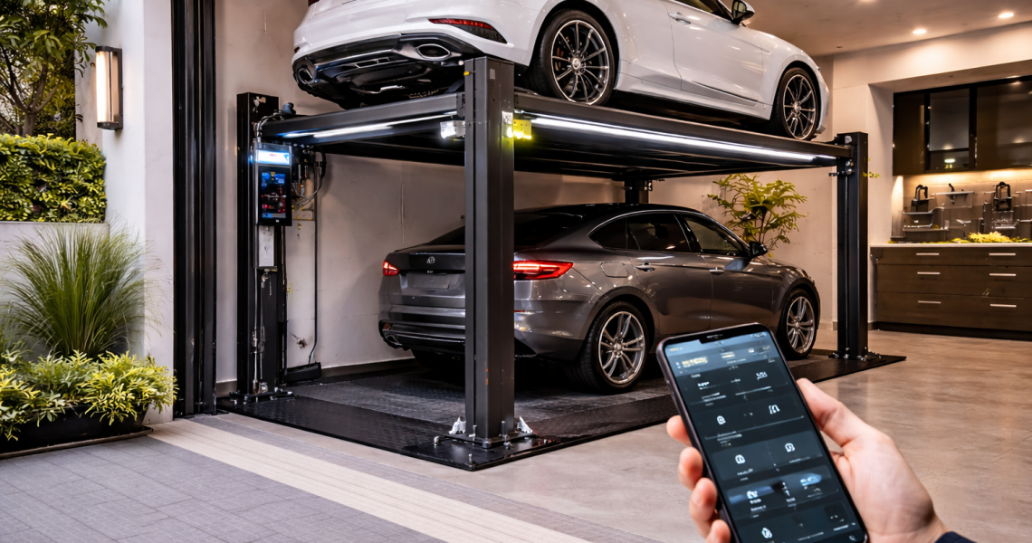 Parking lift inteligente automatizado para vivienda en garaje moderno con sensores, iluminación LED y plataforma elevando un auto