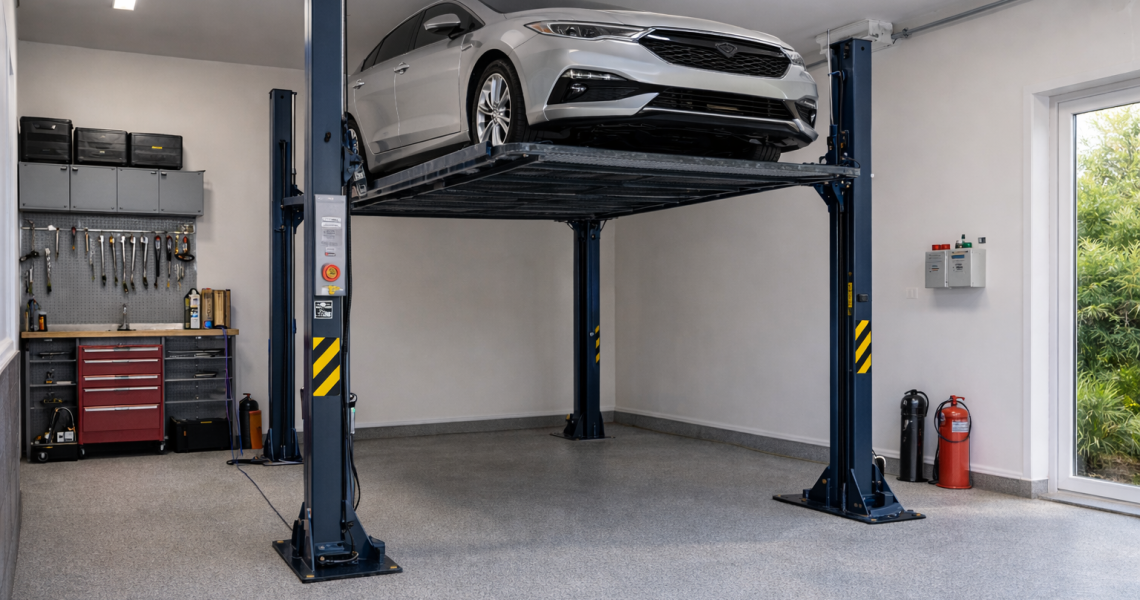 Elevador de autos doméstico instalado en garaje residencial cumpliendo normativa de seguridad para elevadores de autos domésticos