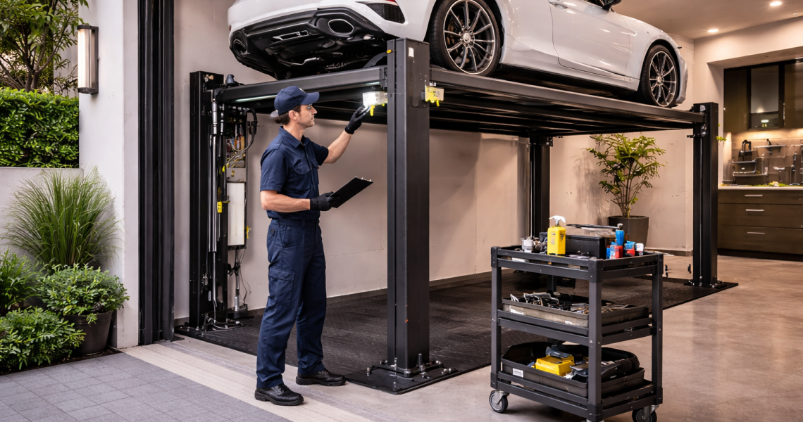 Mantenimiento de parking lift residencial para vivienda realizado por técnico en garaje moderno con plataforma elevando un auto