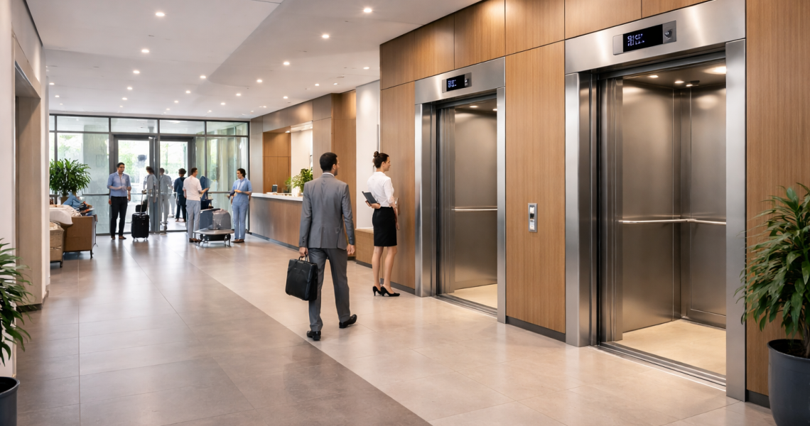Elevadores comerciales para hoteles clínicas y oficinas en edificio moderno con alto flujo de personas