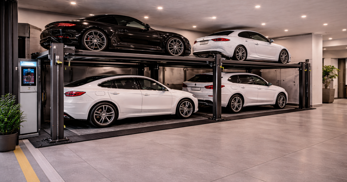 Parking lift residencial para proyectos urbanos modernos instalado en estacionamiento subterráneo con plataformas automáticas