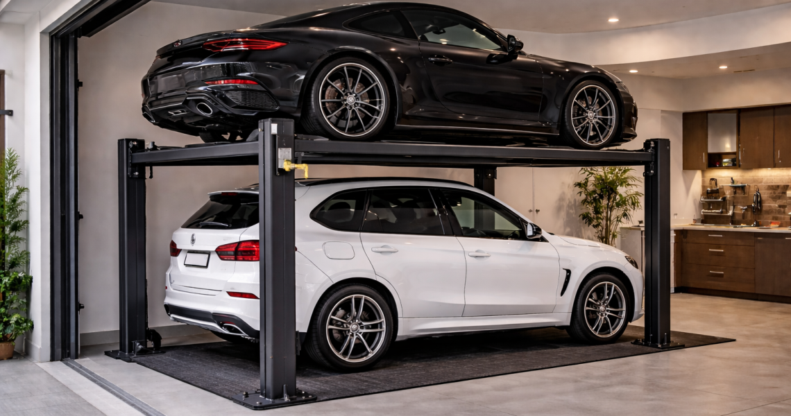 Parking lift residencial para espacios reducidos en vivienda instalado en garaje moderno con doble plataforma hidráulica