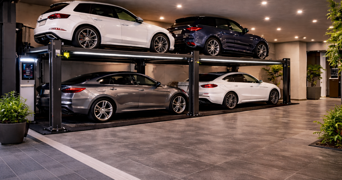 Capacidad ideal de parking lift para proyecto residencial en garaje moderno con plataformas dobles y autos de distintos tamaños