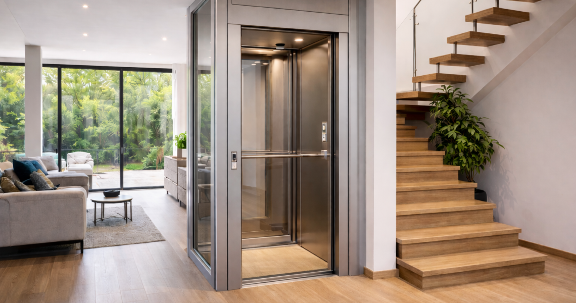 Elevador doméstico compacto sin sala de máquinas instalado en vivienda moderna con espacio reducido y diseño integrado