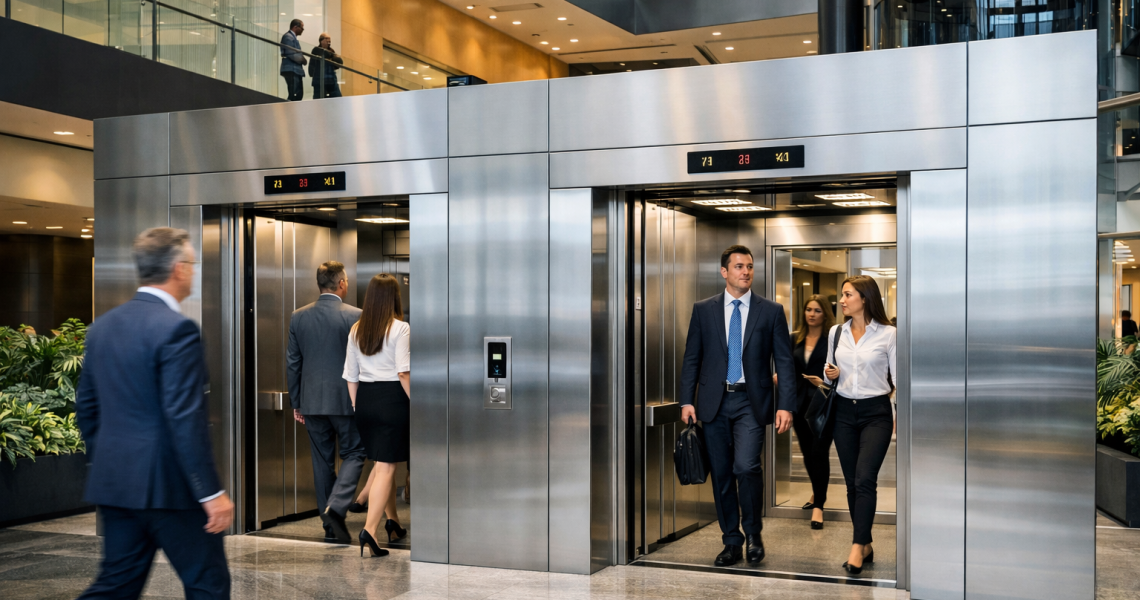 elevadores comerciales en edificio corporativo moderno en México con alto flujo y diseño eficiente