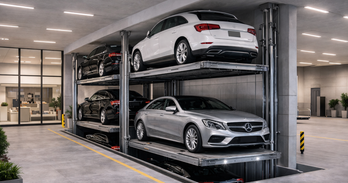 elevadores para autos en proyecto inmobiliario moderno con sistema de estacionamiento vertical en México
