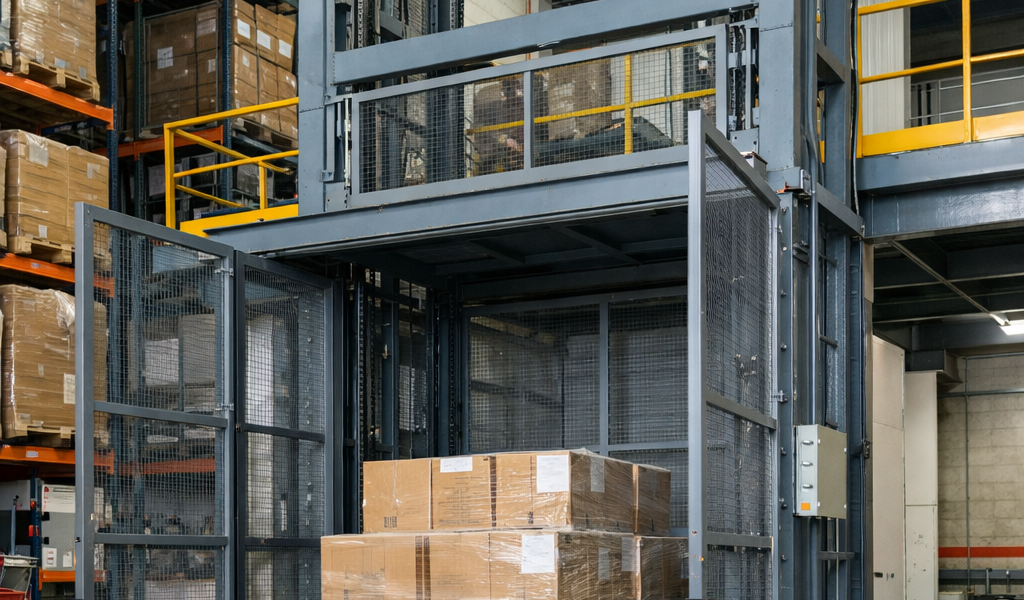 elevador montacargas industrial de carga en almacén vertical en México optimizando logística interna