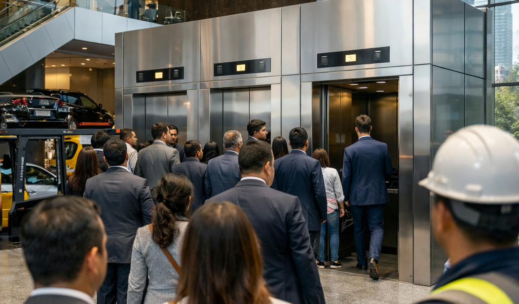 elevadores comerciales en edificio grande con alto flujo de personas y diseño moderno en México