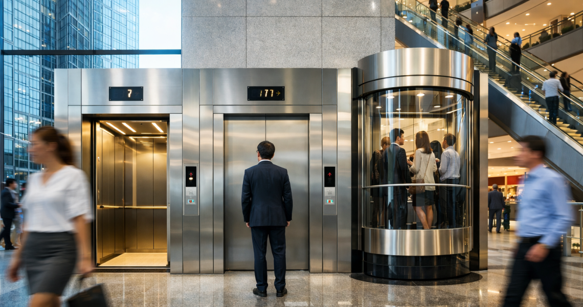 elevadores comerciales en México en edificio moderno con alto flujo y sistema eficiente de transporte vertical