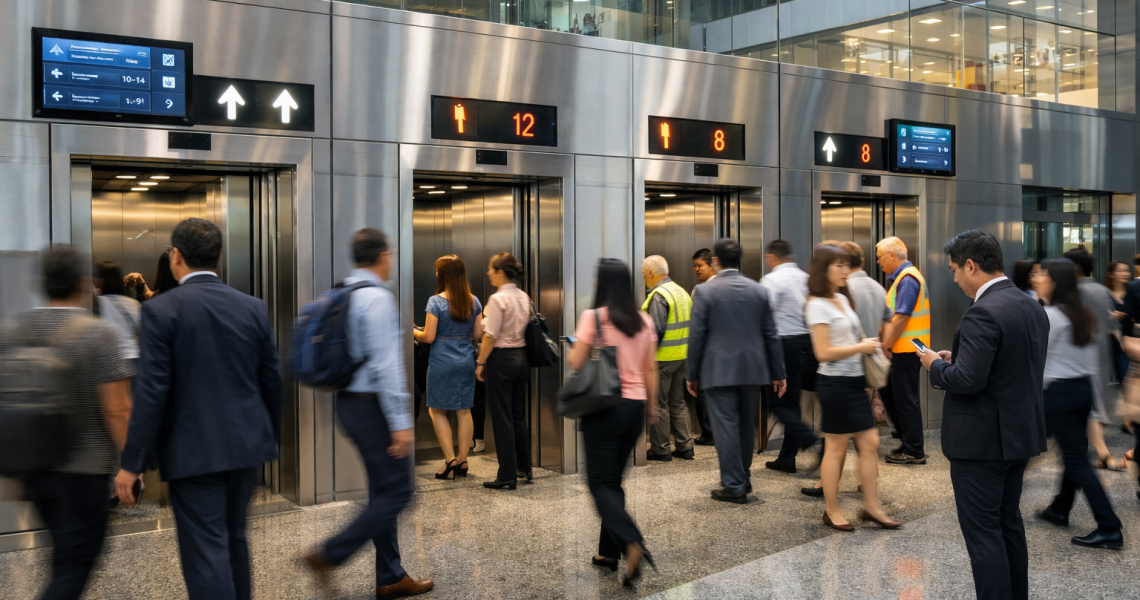 elevadores comerciales en edificio moderno con alto flujo de personas optimizado en México