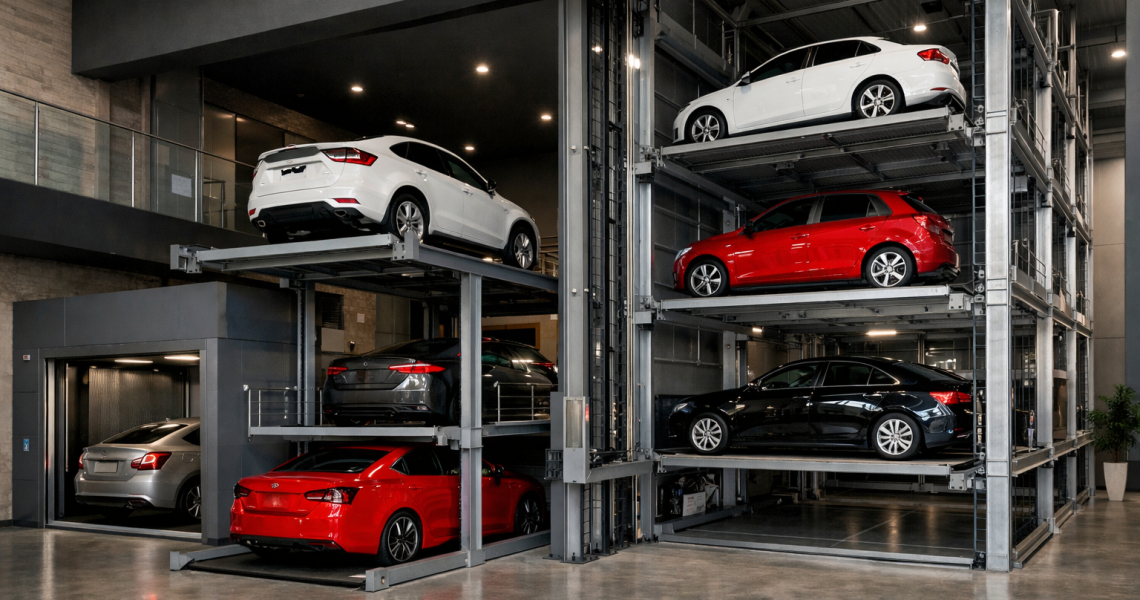 elevadores para autos en México instalados en edificio moderno con sistema de estacionamiento vertical