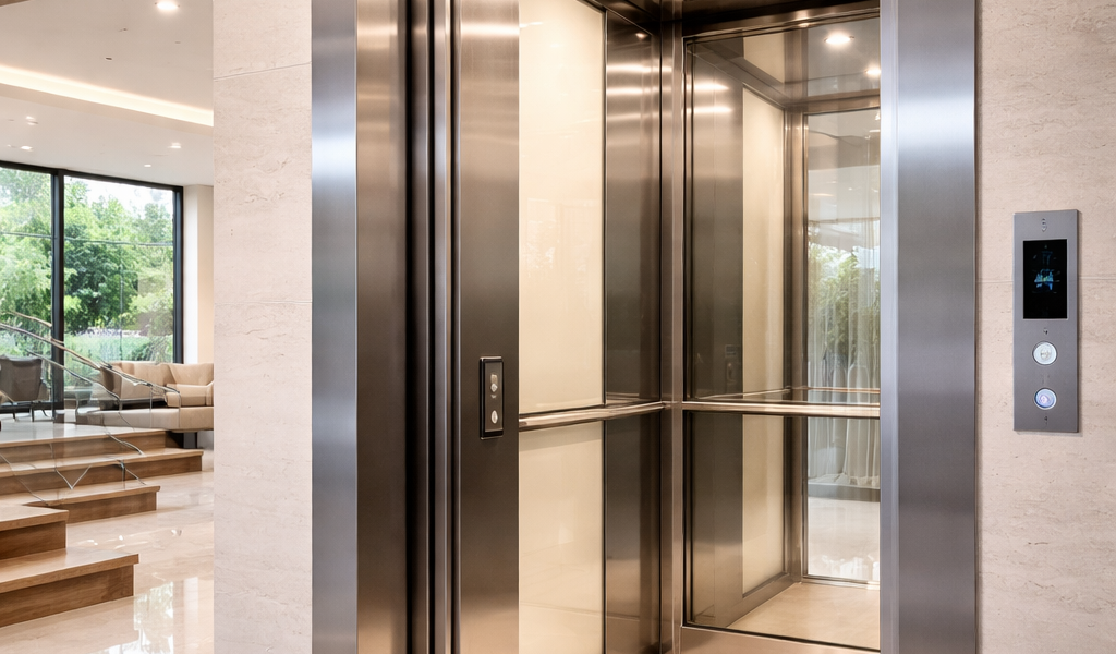 elevador residencial moderno instalado en casa en México con diseño elegante y compacto