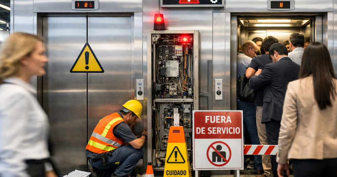 elevadores comerciales en edificio de alta demanda con alto flujo de personas y sistema moderno