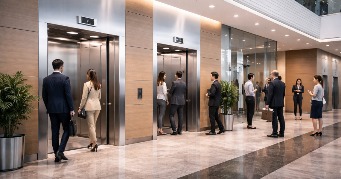 elevadores comerciales modernos en edificio corporativo en México con alto flujo de personas