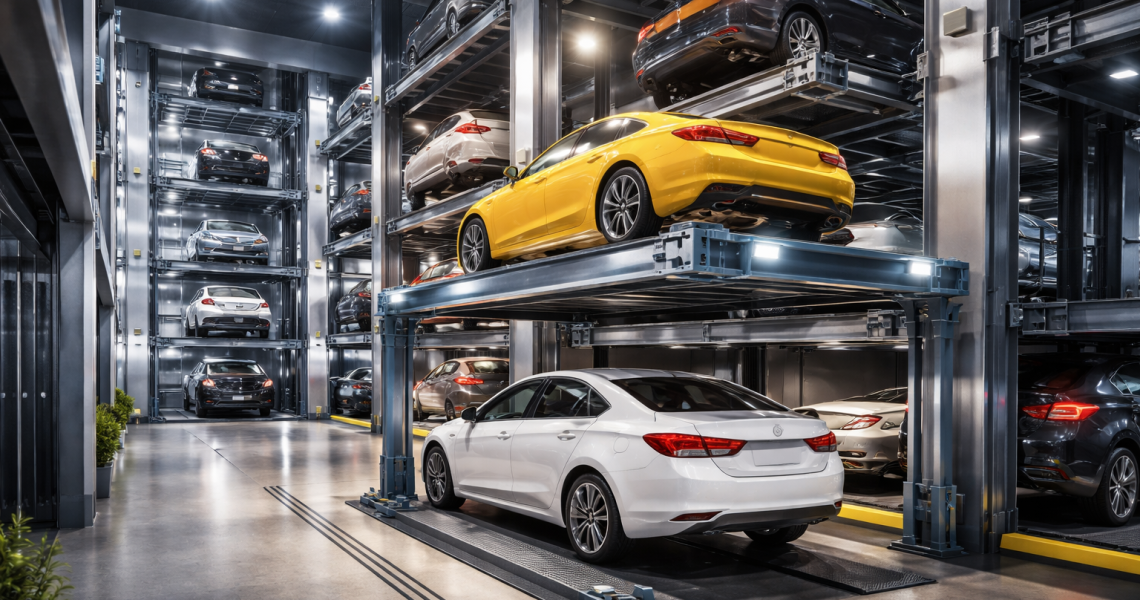 sistemas de elevadores para autos en México en estacionamiento moderno con sistema vertical automatizado