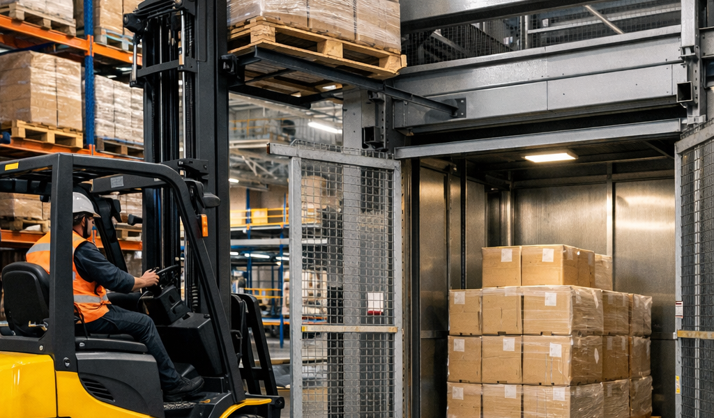 montacargas industrial en operación dentro de almacén moderno en México optimizando carga y transporte vertical