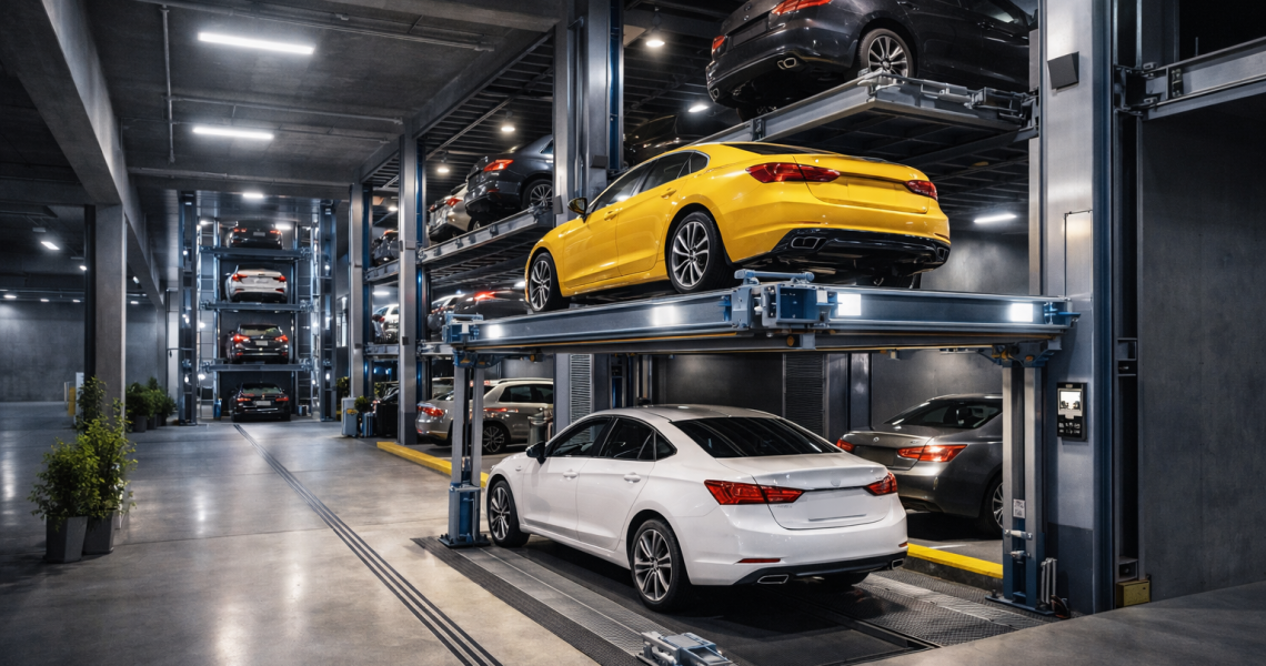 sistema de elevador para autos en estacionamiento subterráneo moderno con sistema de estacionamiento vertical