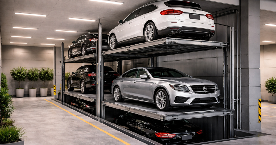 elevador para autos en edificio moderno con sistema de estacionamiento vertical en México