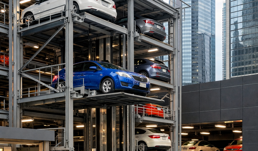 sistema de elevadores para autos en estacionamiento vertical de alta densidad en edificio moderno en México
