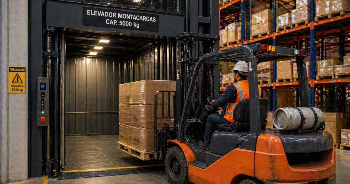 elevador montacargas industrial en México operando en almacén comercial con carga pesada