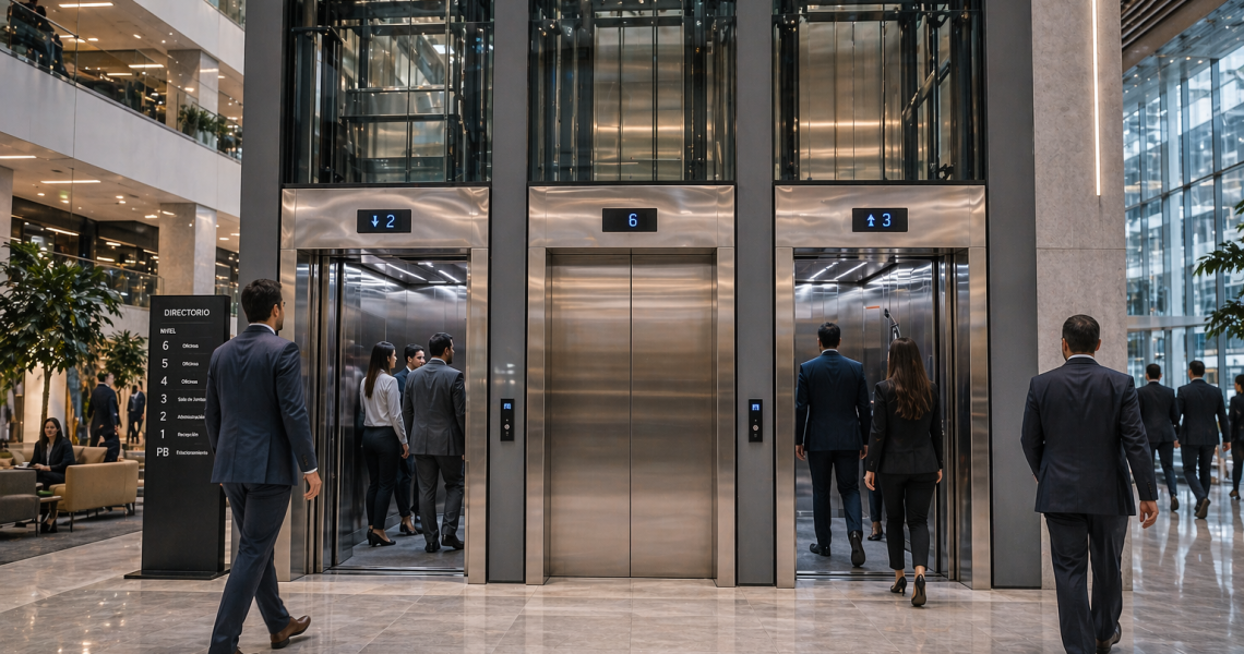 elevadores comerciales en México para alto flujo en edificio moderno corporativo