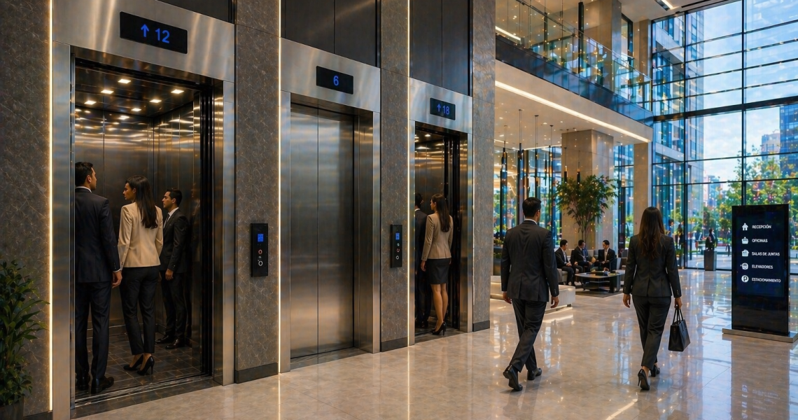 elevadores comerciales modernos en edificio inmobiliario en México con alto flujo y diseño eficiente