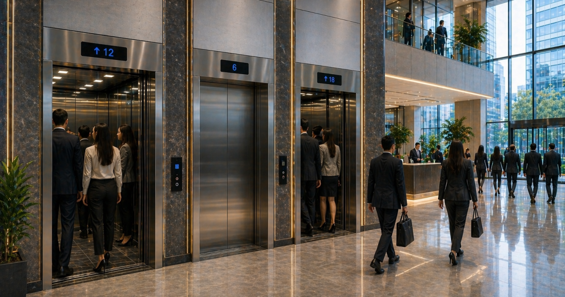 sistemas de elevadores en México en edificio moderno con alto flujo y operación eficiente