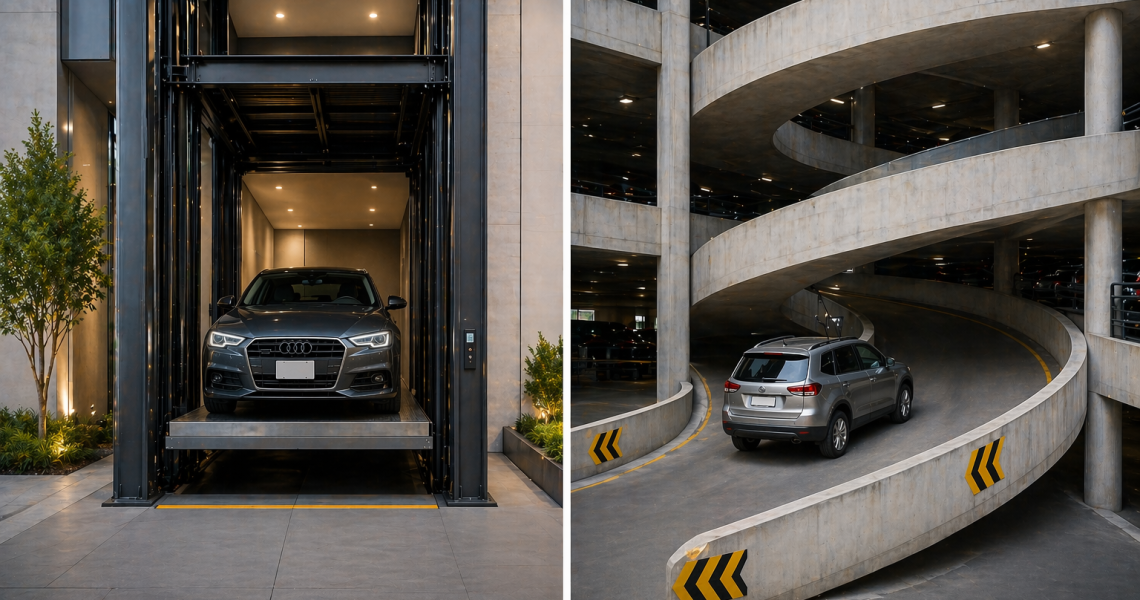comparación elevadores para autos y rampas en edificio moderno en México con estacionamiento vertical