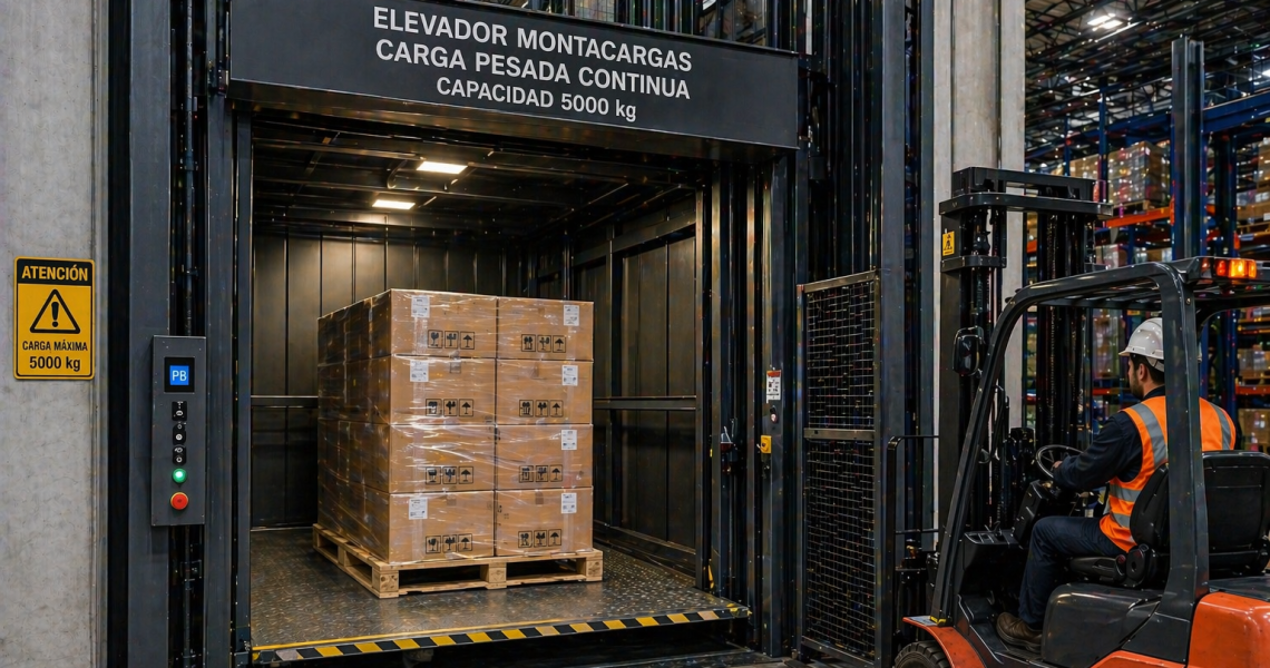 elevador montacargas industrial para carga pesada continua en México en operación logística