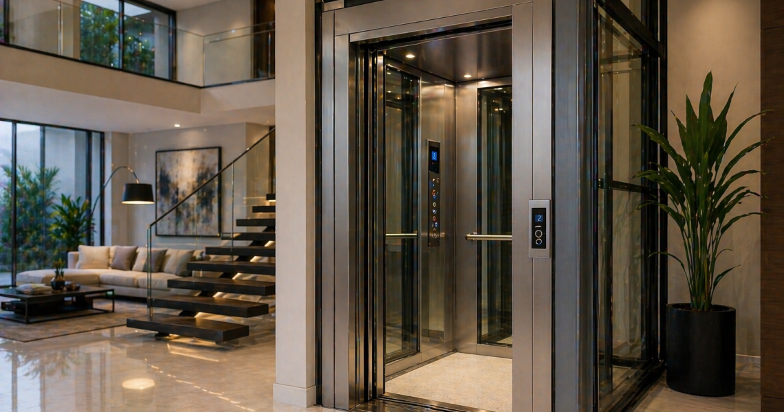 elevador residencial moderno en casa de lujo en México con diseño minimalista y estructura de vidrio