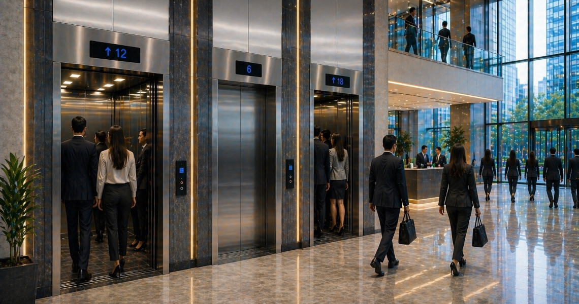 sistema de elevadores comerciales en México en edificio moderno con alto flujo y diseño eficiente