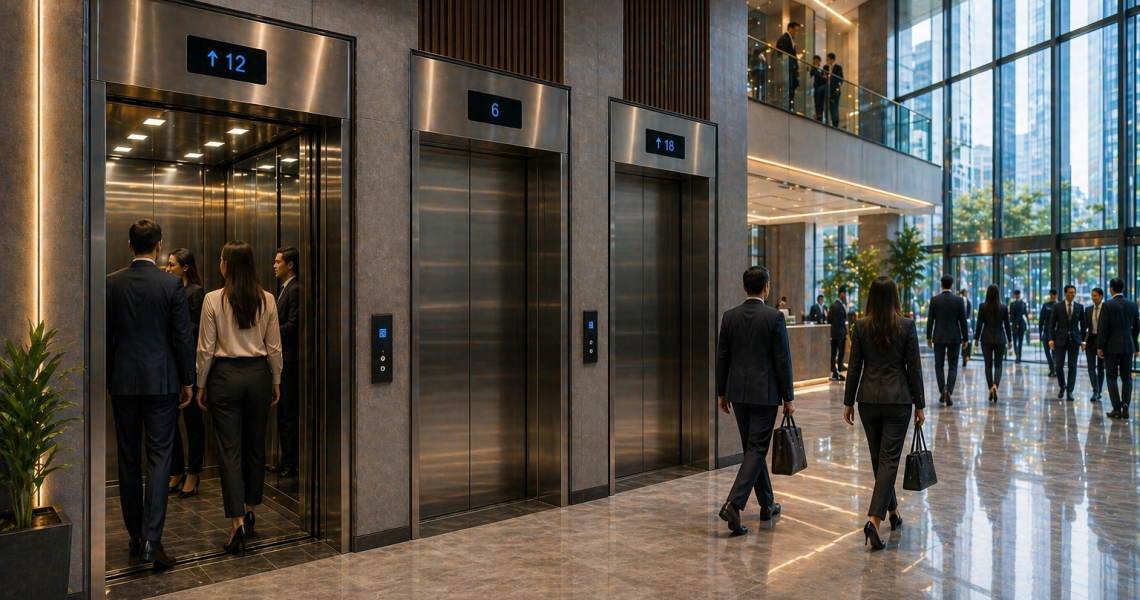 elevadores comerciales en México en edificio moderno corporativo con alto flujo y diseño eficiente
