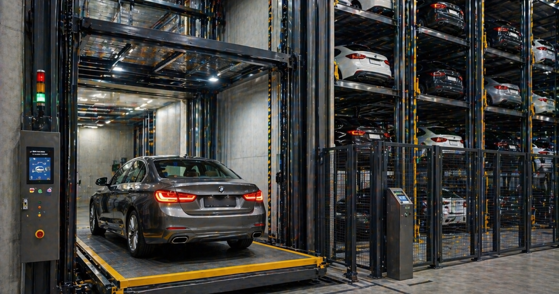 elevadores para autos en México en estacionamiento vertical moderno con sistema automatizado eficiente